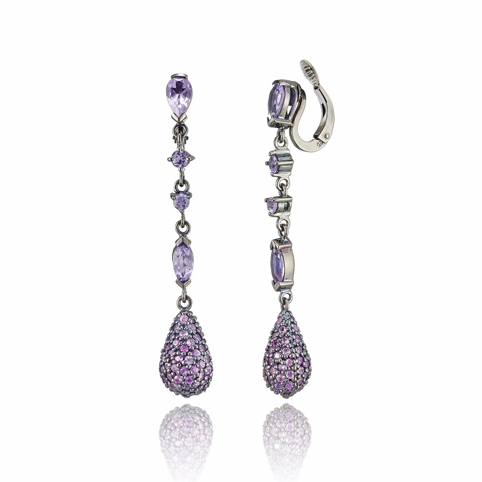 Sterling Silver Statement Earring Clips With Pink Sapphires & Amethyst