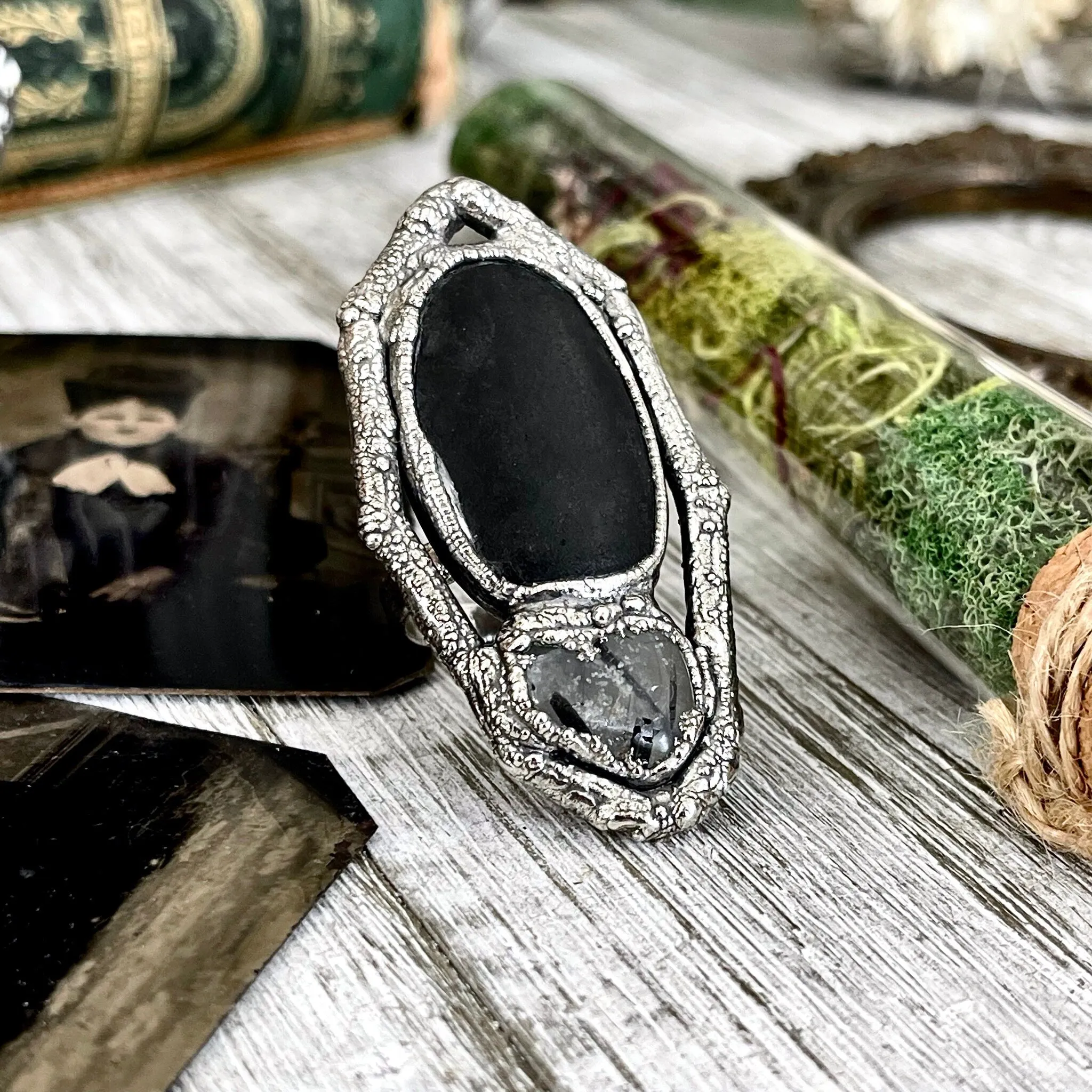 Sticks and Stones Collection- Size 9 River Rock & Tourmaline Quartz Statement Ring in Fine Silver // Black Punk Goth Witchy Gemstone Jewelry