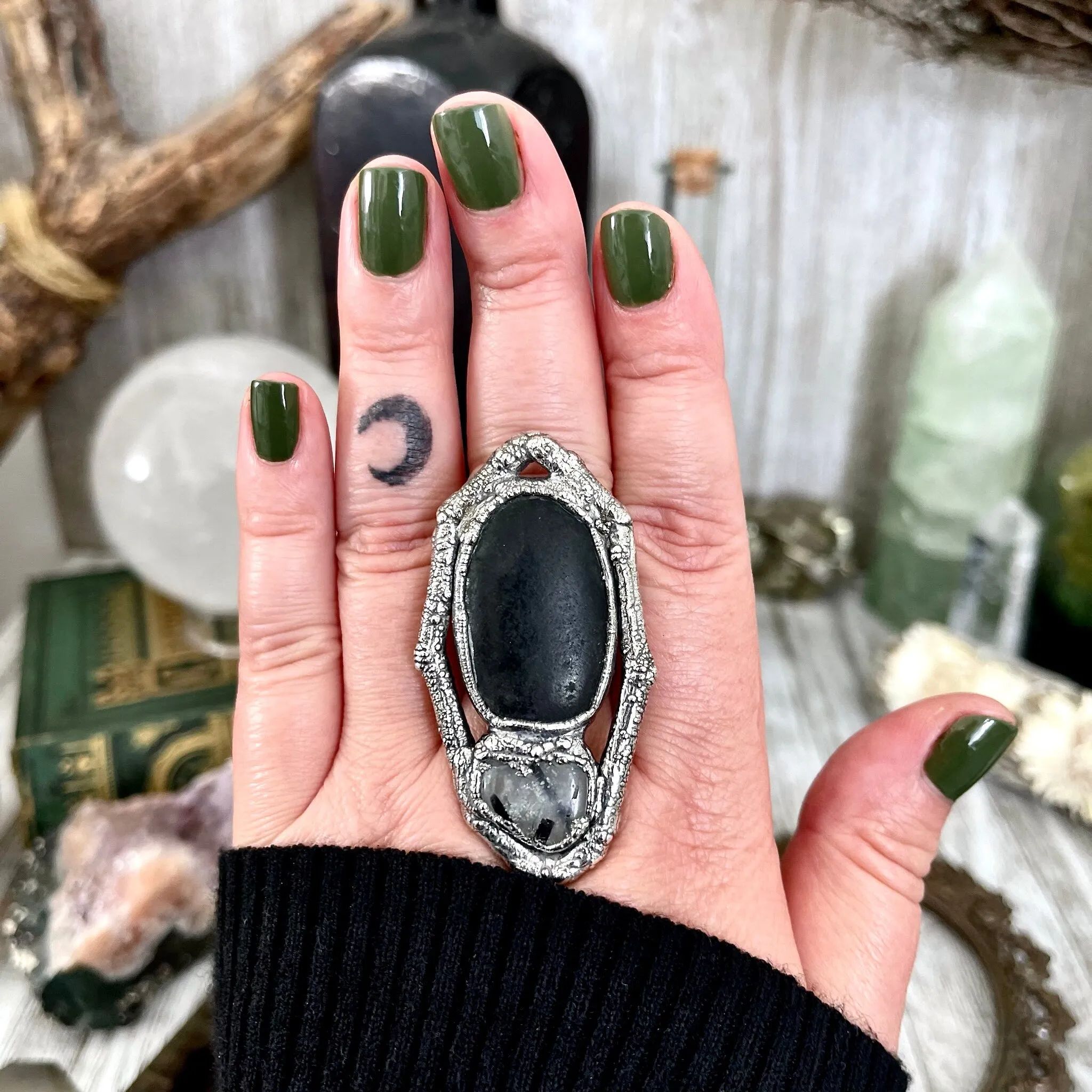 Sticks and Stones Collection- Size 9 River Rock & Tourmaline Quartz Statement Ring in Fine Silver // Black Punk Goth Witchy Gemstone Jewelry