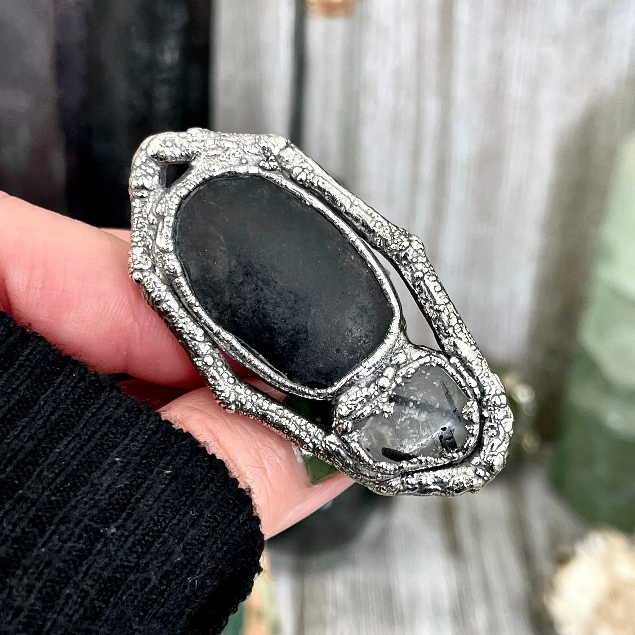 Sticks and Stones Collection- Size 9 River Rock & Tourmaline Quartz Statement Ring in Fine Silver // Black Punk Goth Witchy Gemstone Jewelry