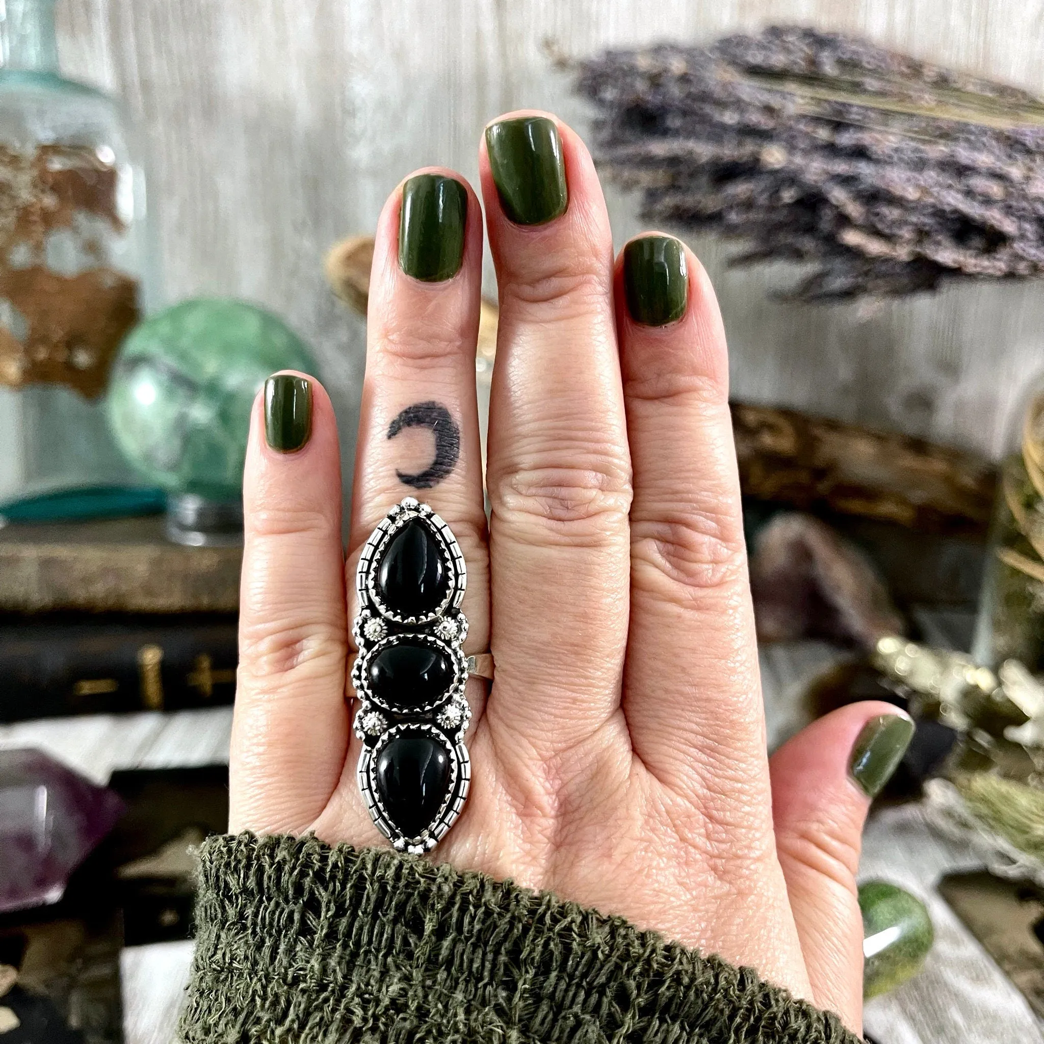 Three Stone Black Onyx Ring in Sterling Silver- Designed by FOXLARK Collection Adjustable to Size 6 7 8 9 / Big Crystal Ring Witchy Jewelry