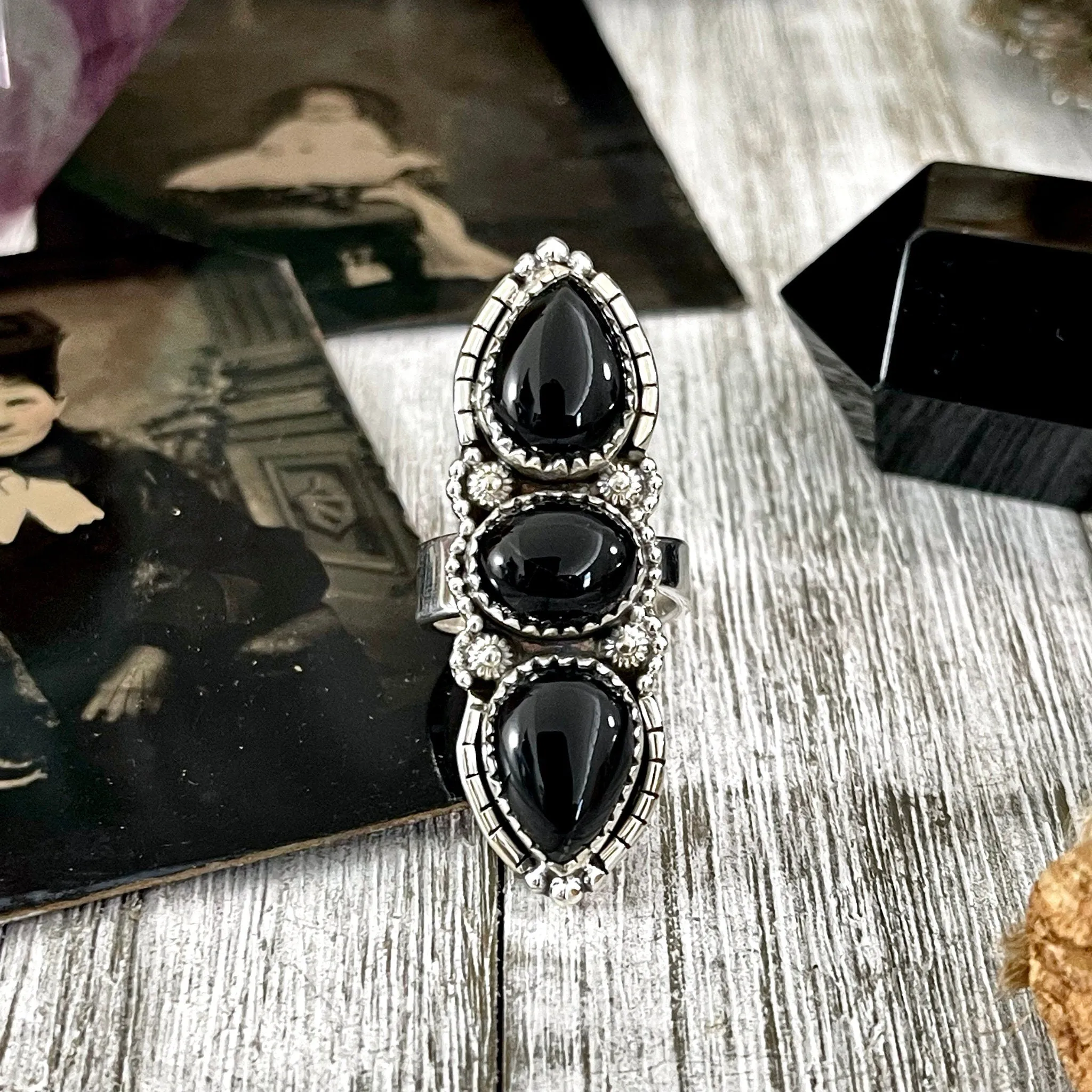 Three Stone Black Onyx Ring in Sterling Silver- Designed by FOXLARK Collection Adjustable to Size 6 7 8 9 / Big Crystal Ring Witchy Jewelry