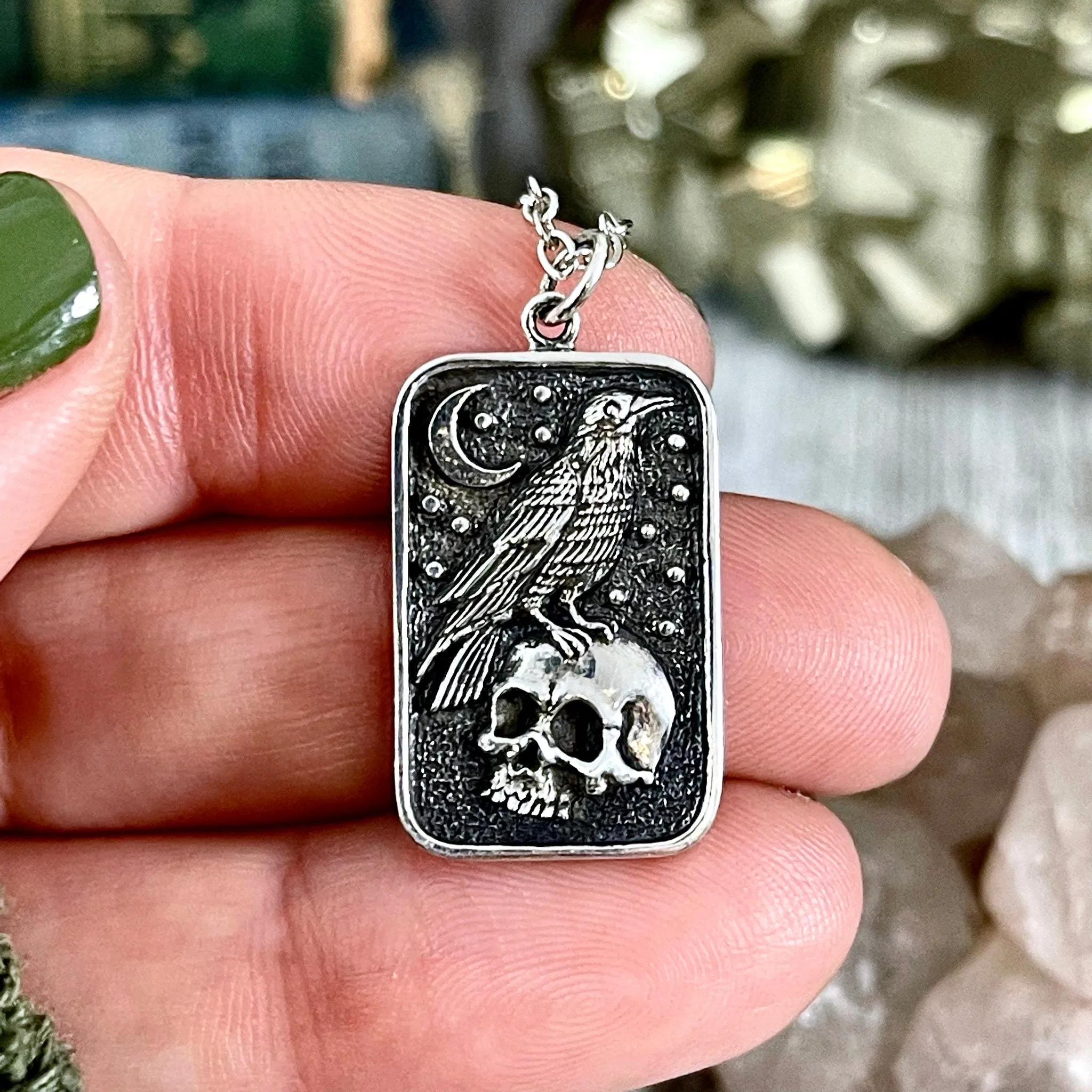 Tiny Talisman Collection - Sterling Silver Skull and Raven Pendant Necklace 29x15mm  /