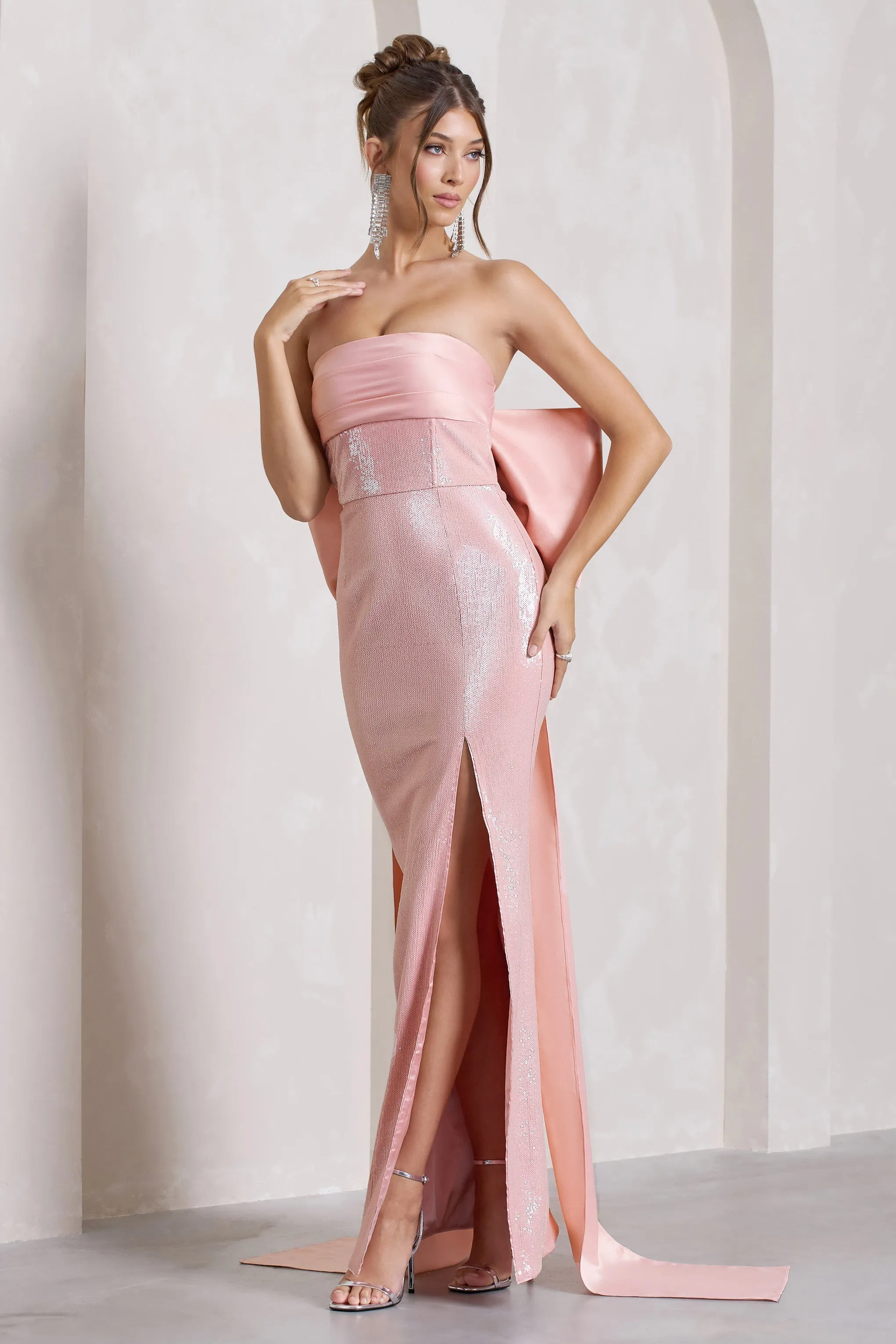 To You | Pink Sequin Bandeau Split Maxi Dress With Oversized Bow