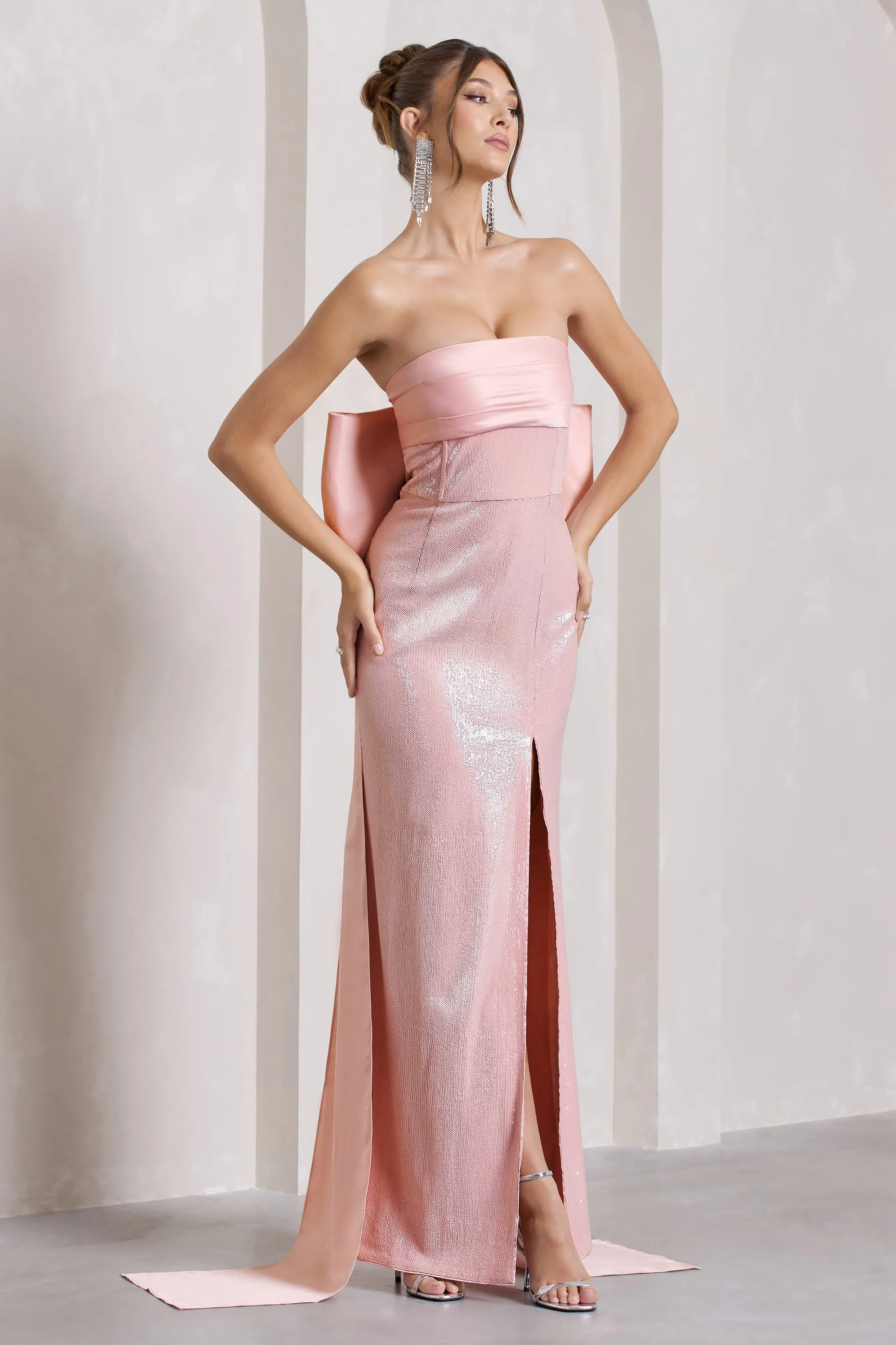 To You | Pink Sequin Bandeau Split Maxi Dress With Oversized Bow