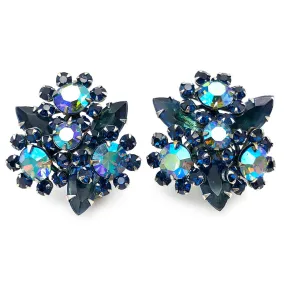 【USA輸入】ヴィンテージ ブルー フラワー ラインストーン イヤリング/Vintage Blue Flower Rhinestones Clip On Earrings