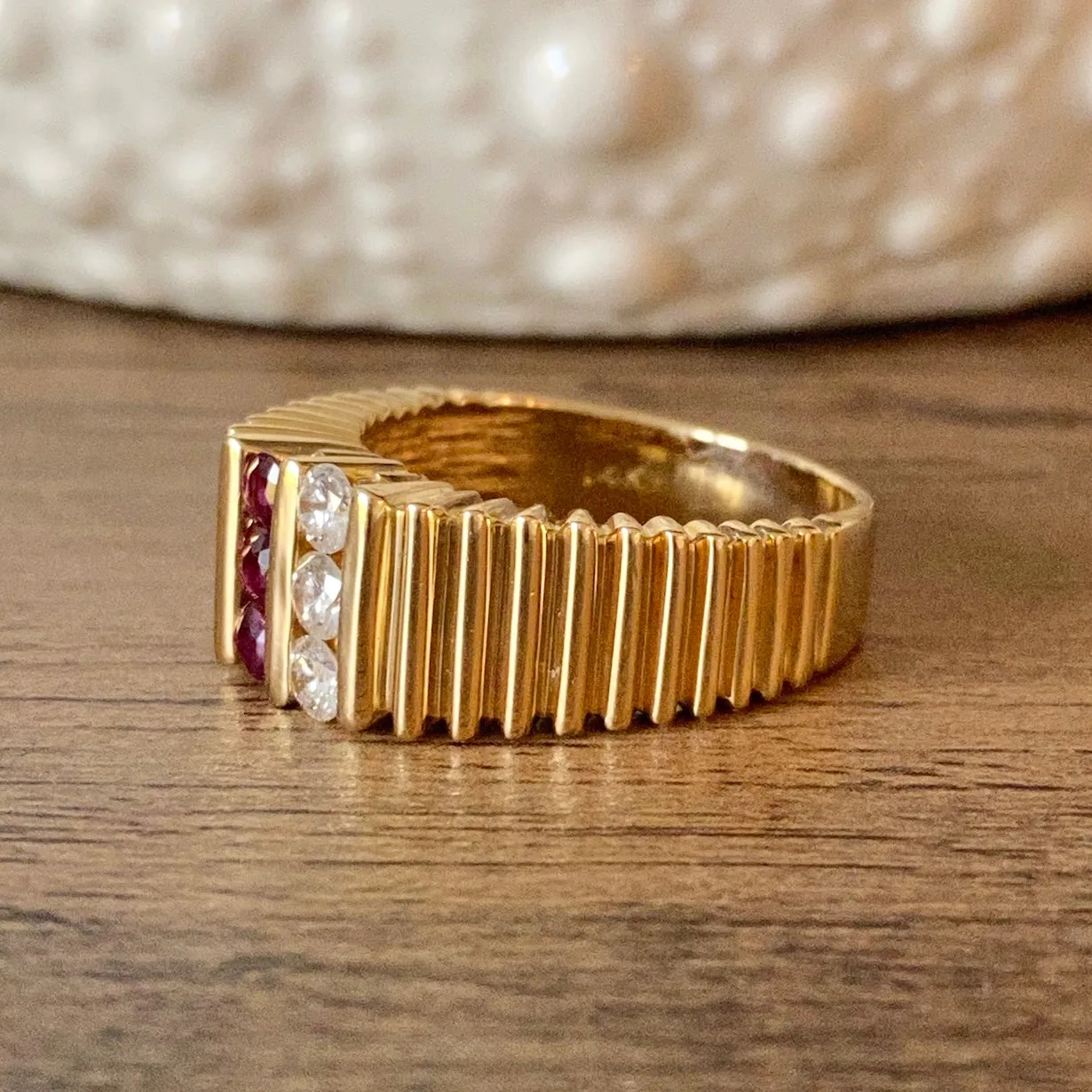 Vintage 14K Yellow Gold Ruby & Diamond Ring Size 10.25