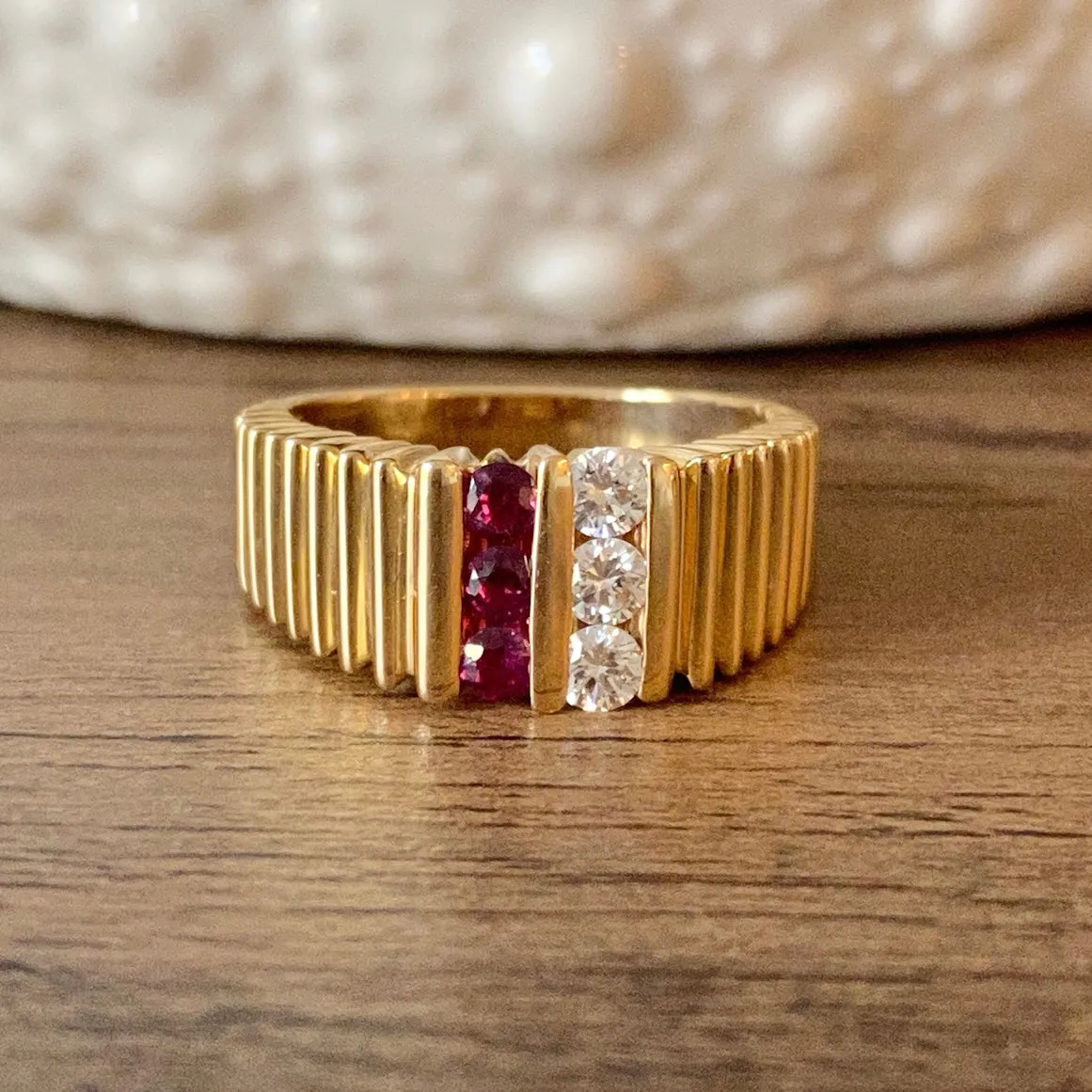 Vintage 14K Yellow Gold Ruby & Diamond Ring Size 10.25