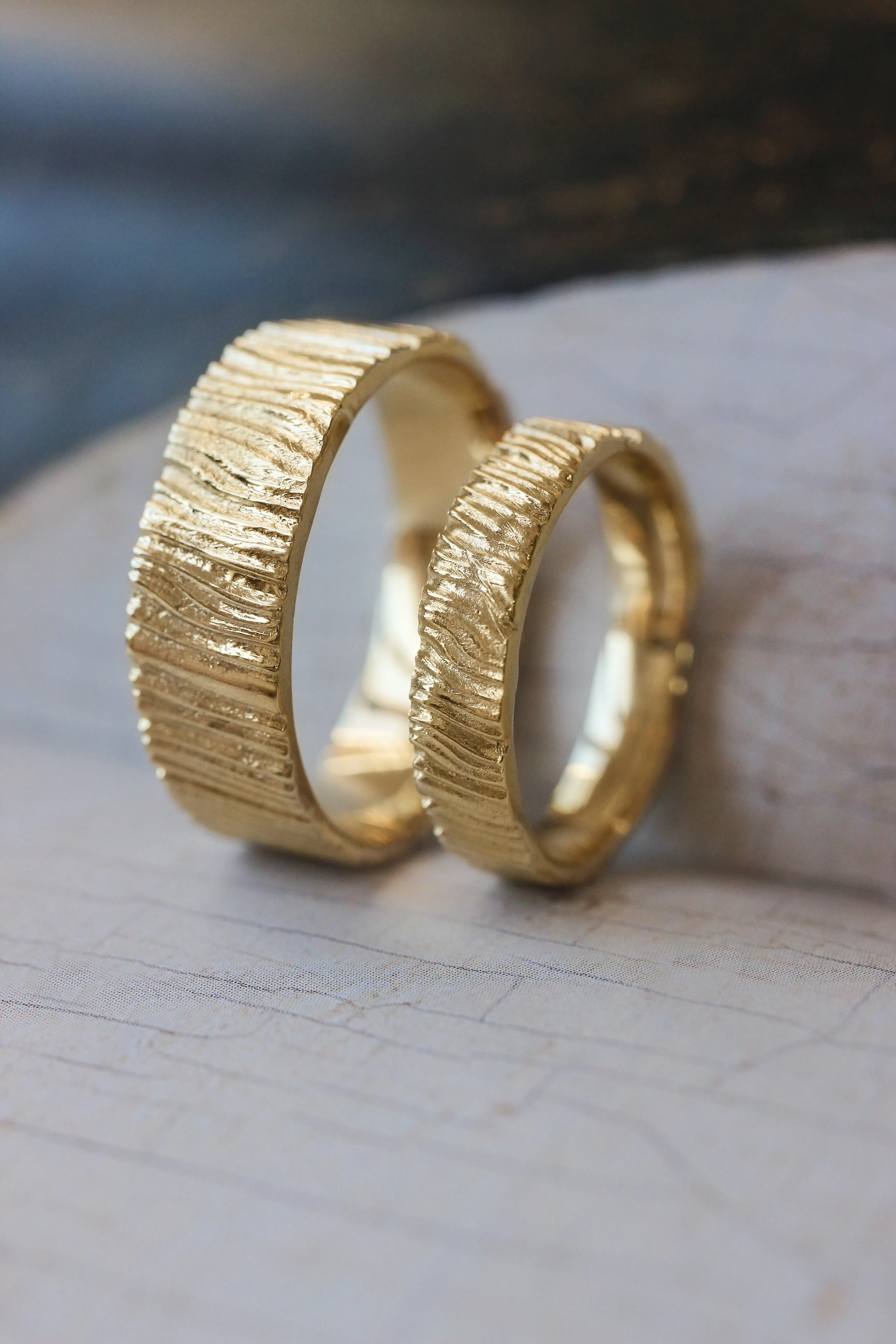 Wedding bands set for couple, saw wood rings