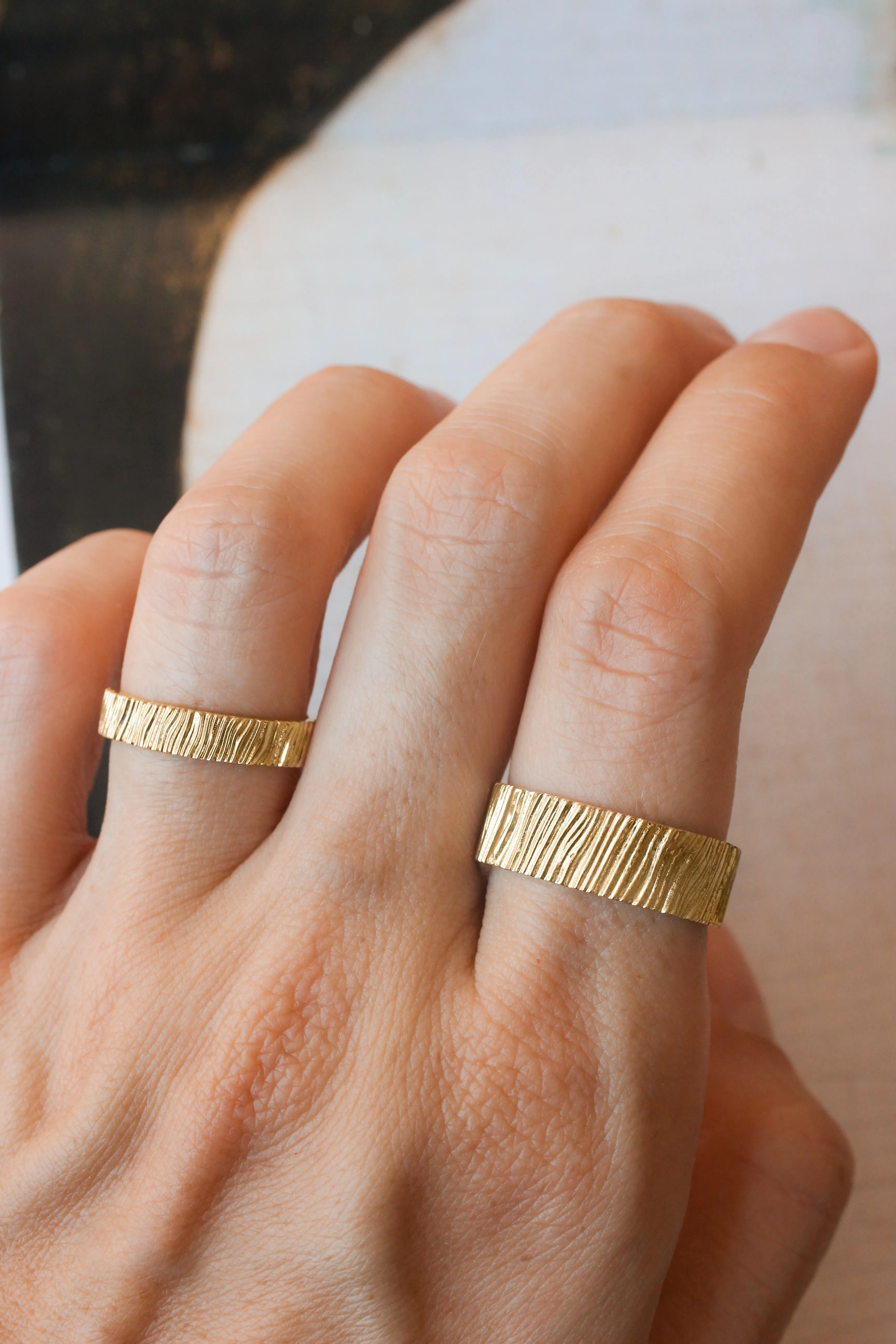 Wedding bands set for couple, saw wood rings