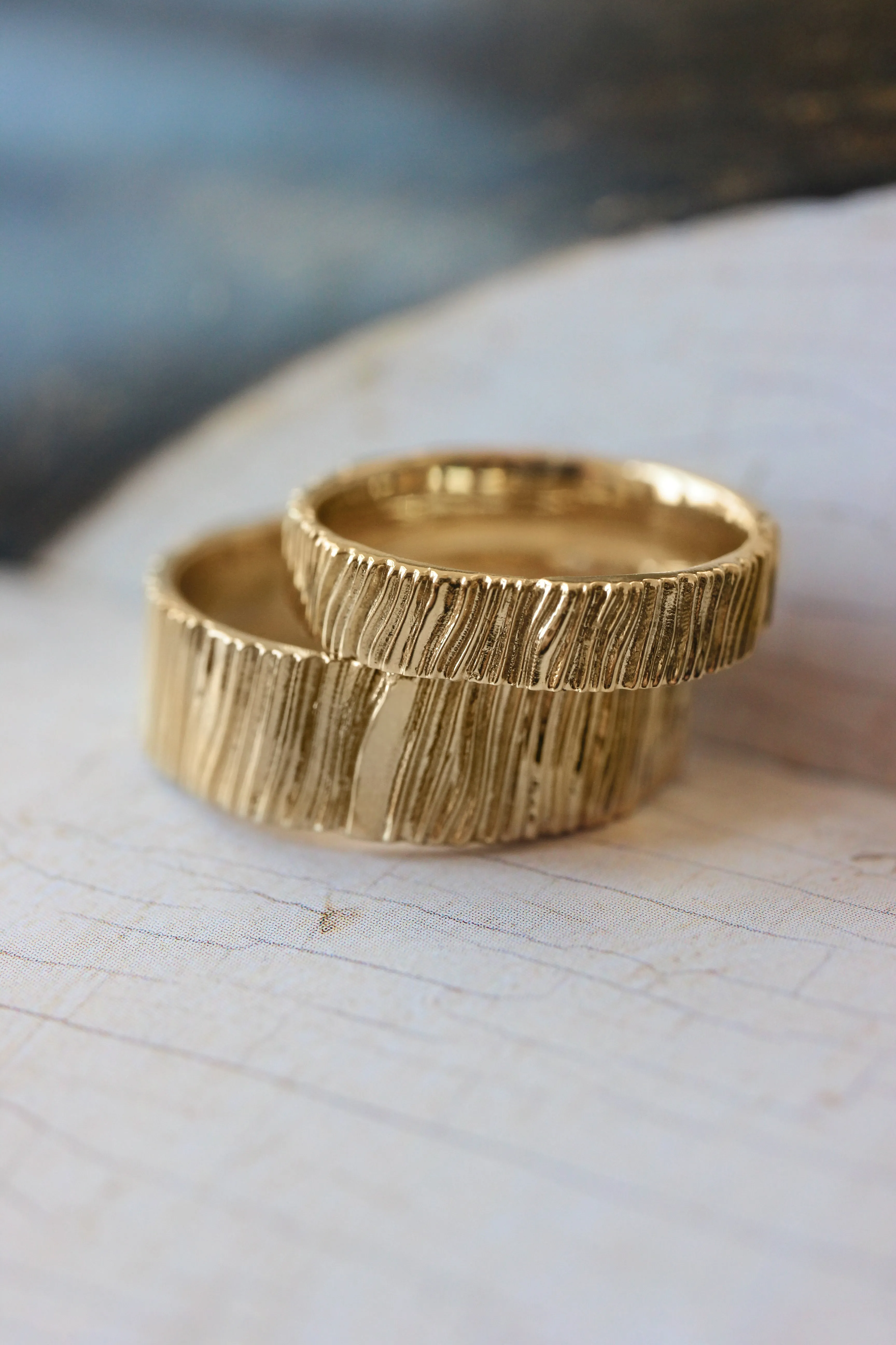 Wedding bands set for couple, saw wood rings