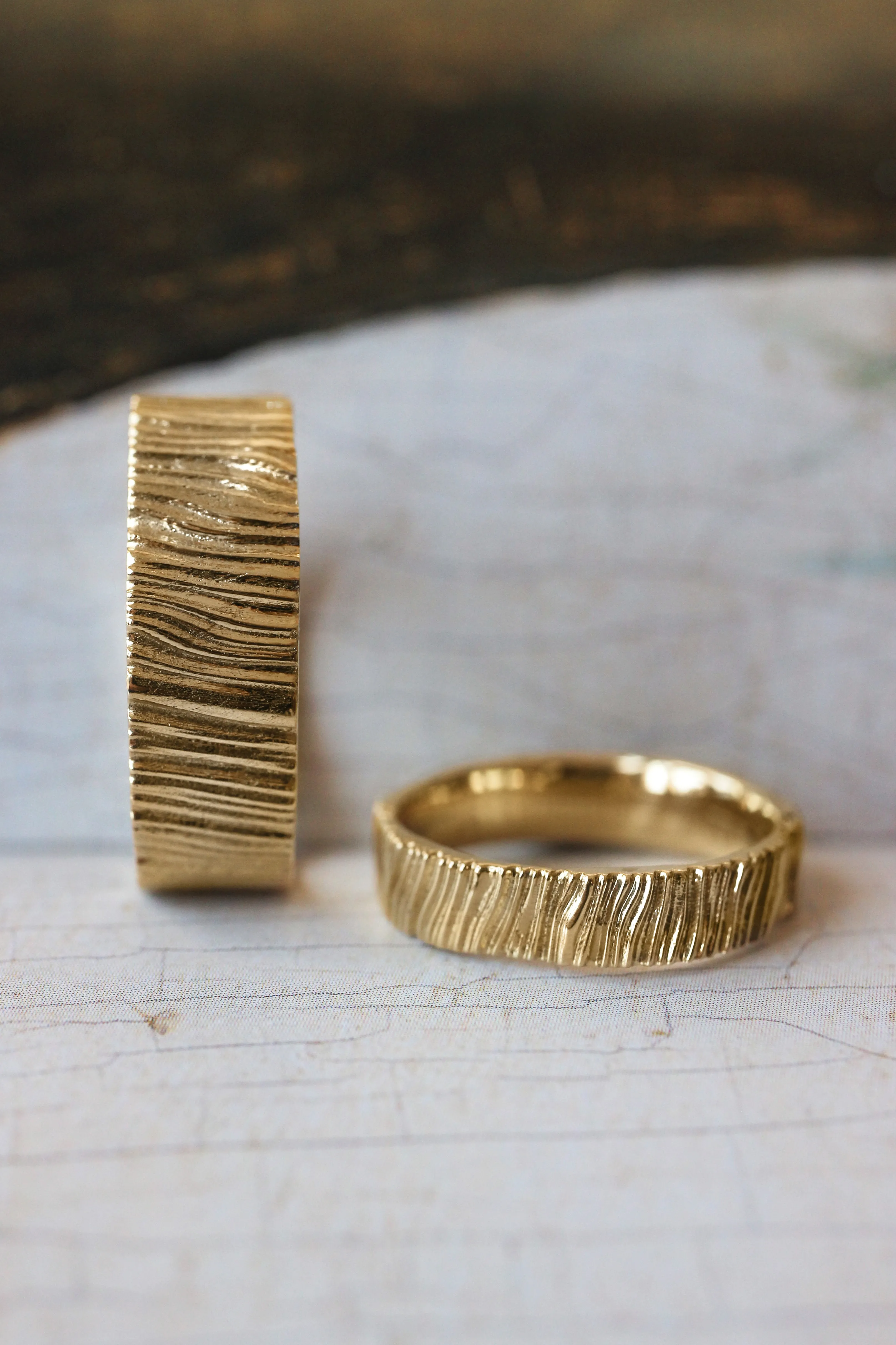 Wedding bands set for couple, saw wood rings