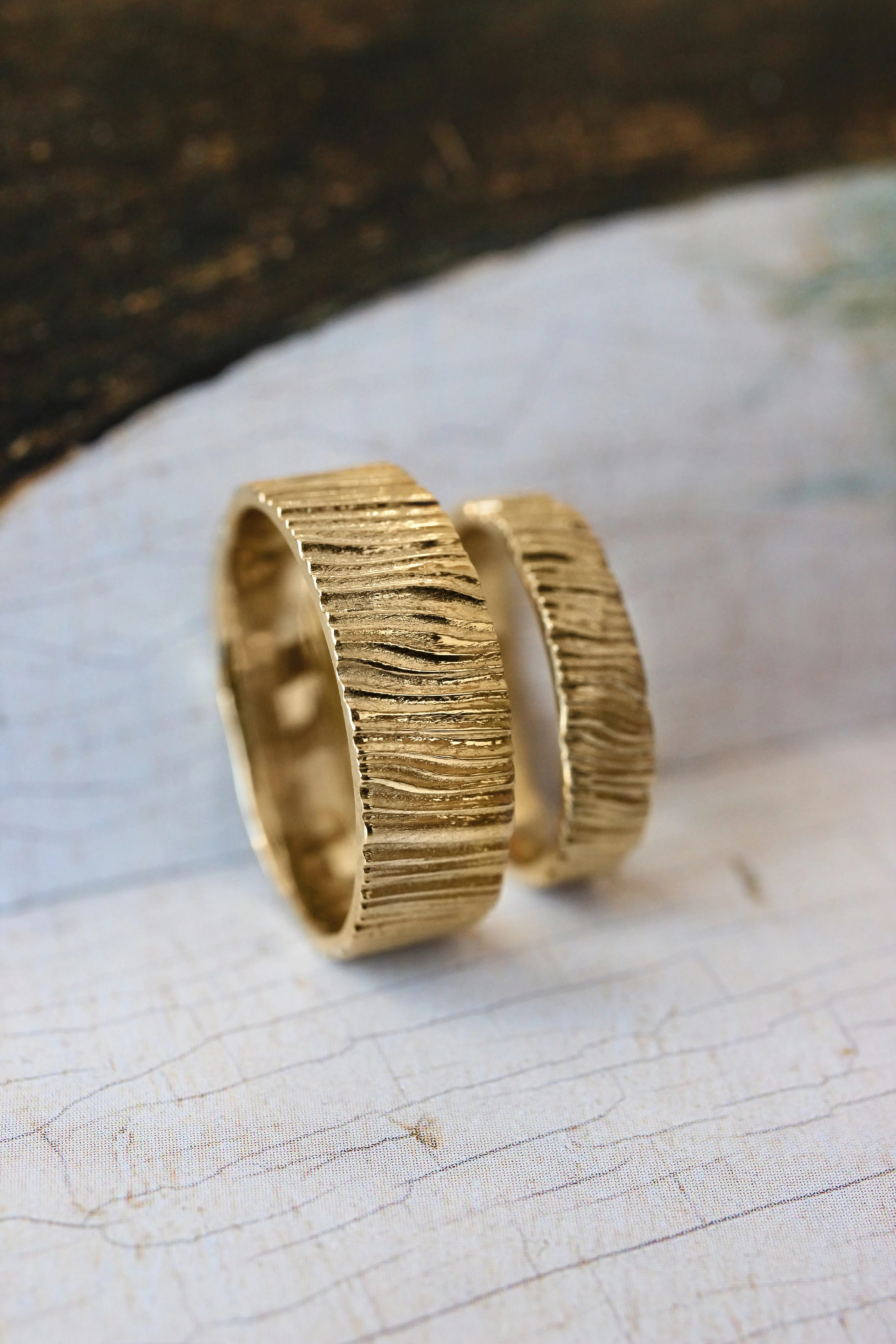 Wedding bands set for couple, saw wood rings