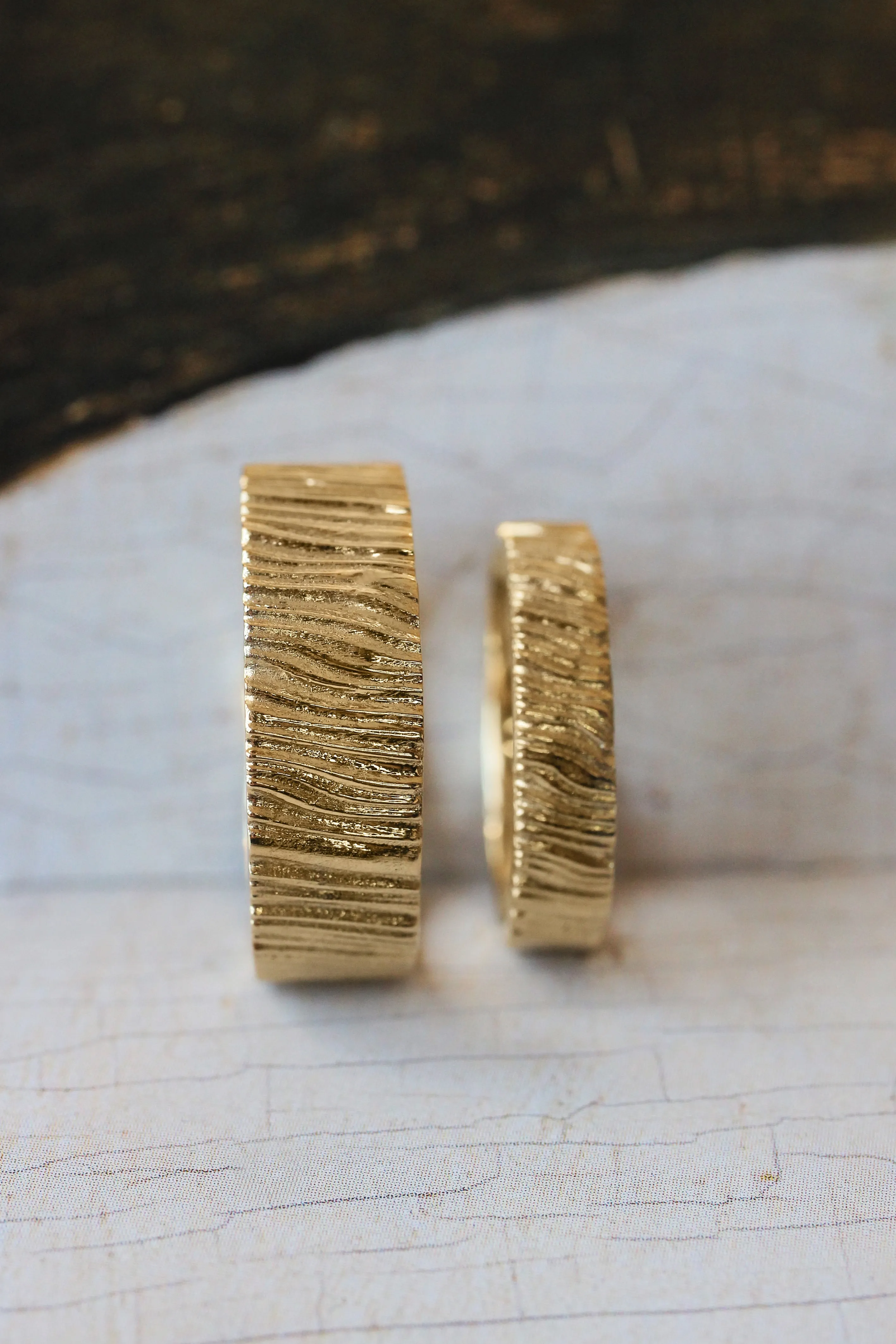 Wedding bands set for couple, saw wood rings