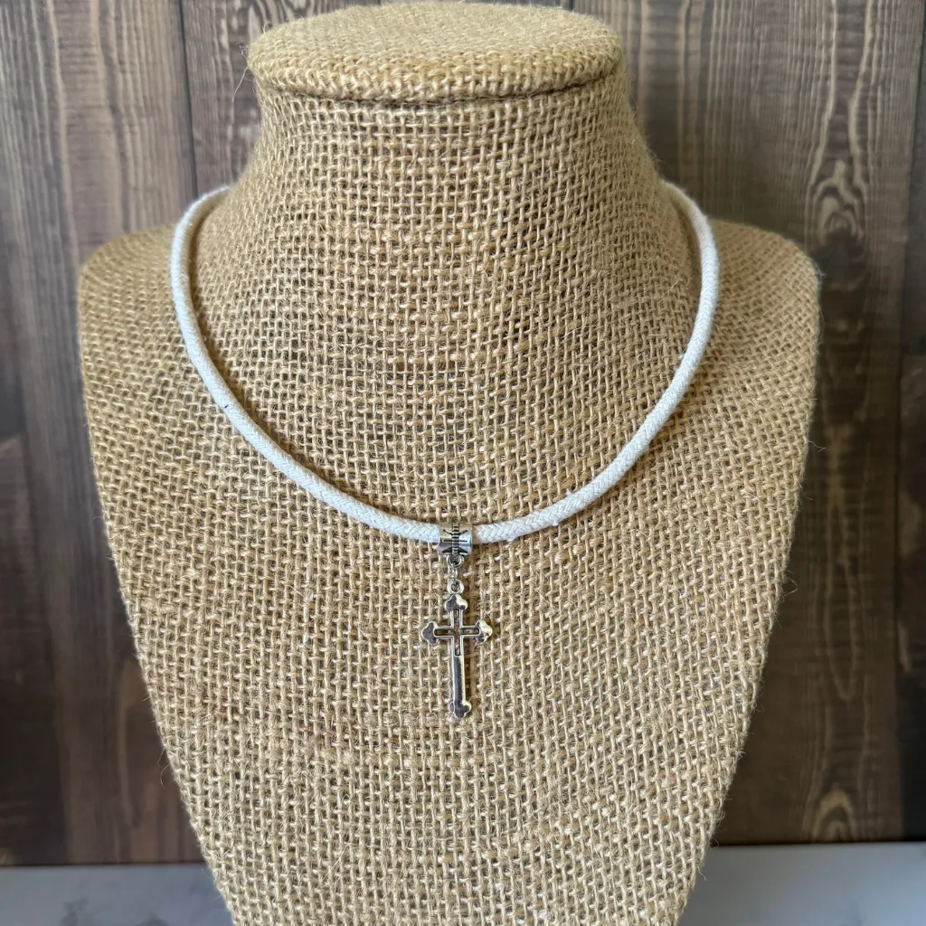 White Cord Silver Cut Out Cross Choker