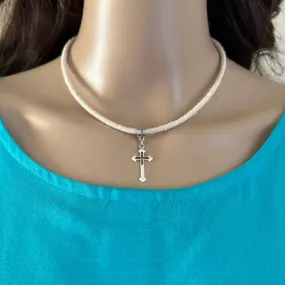 White Cord Silver Cut Out Cross Choker