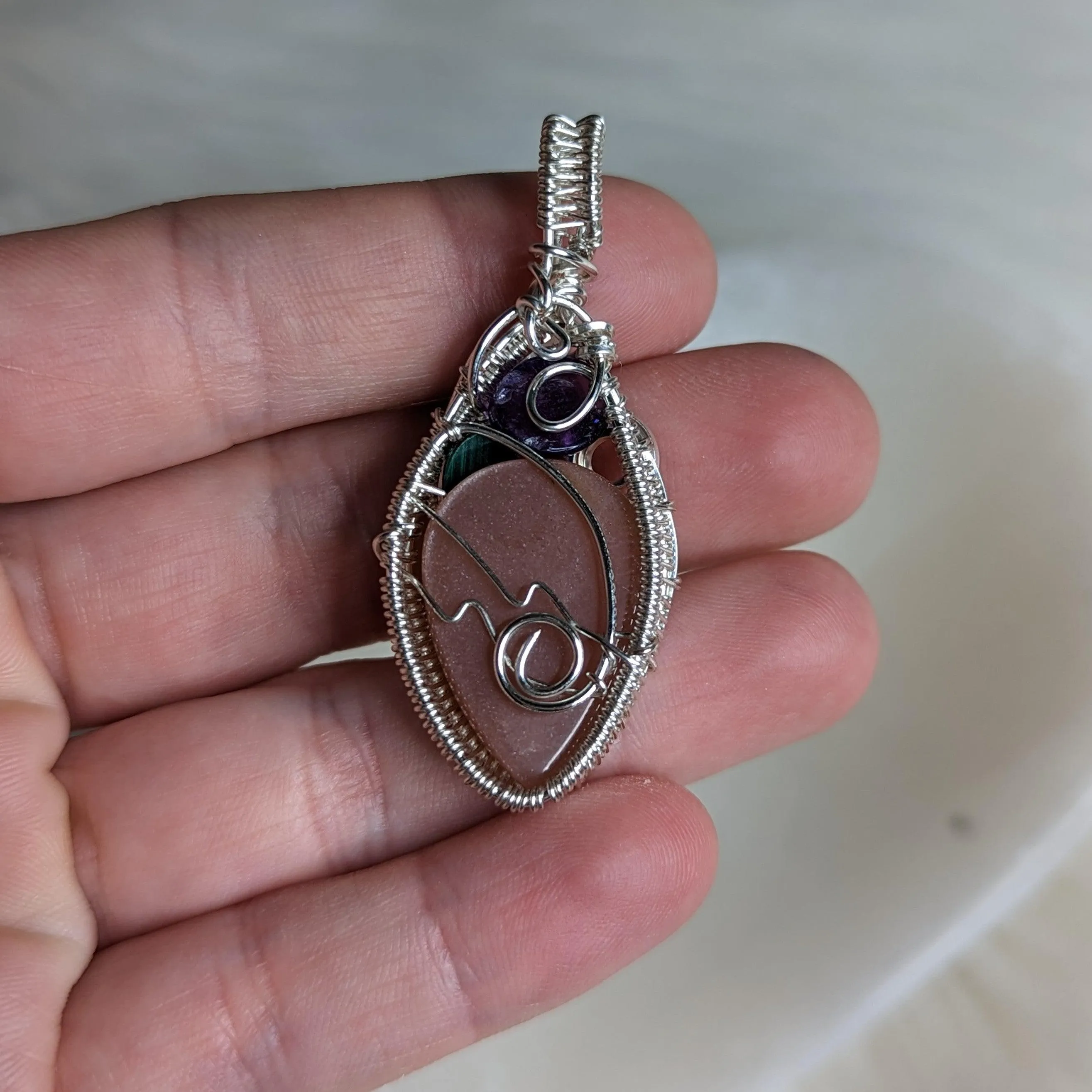 Wire Wrapped Pendant~  Peach Moonstone with Amethyst and Malachite