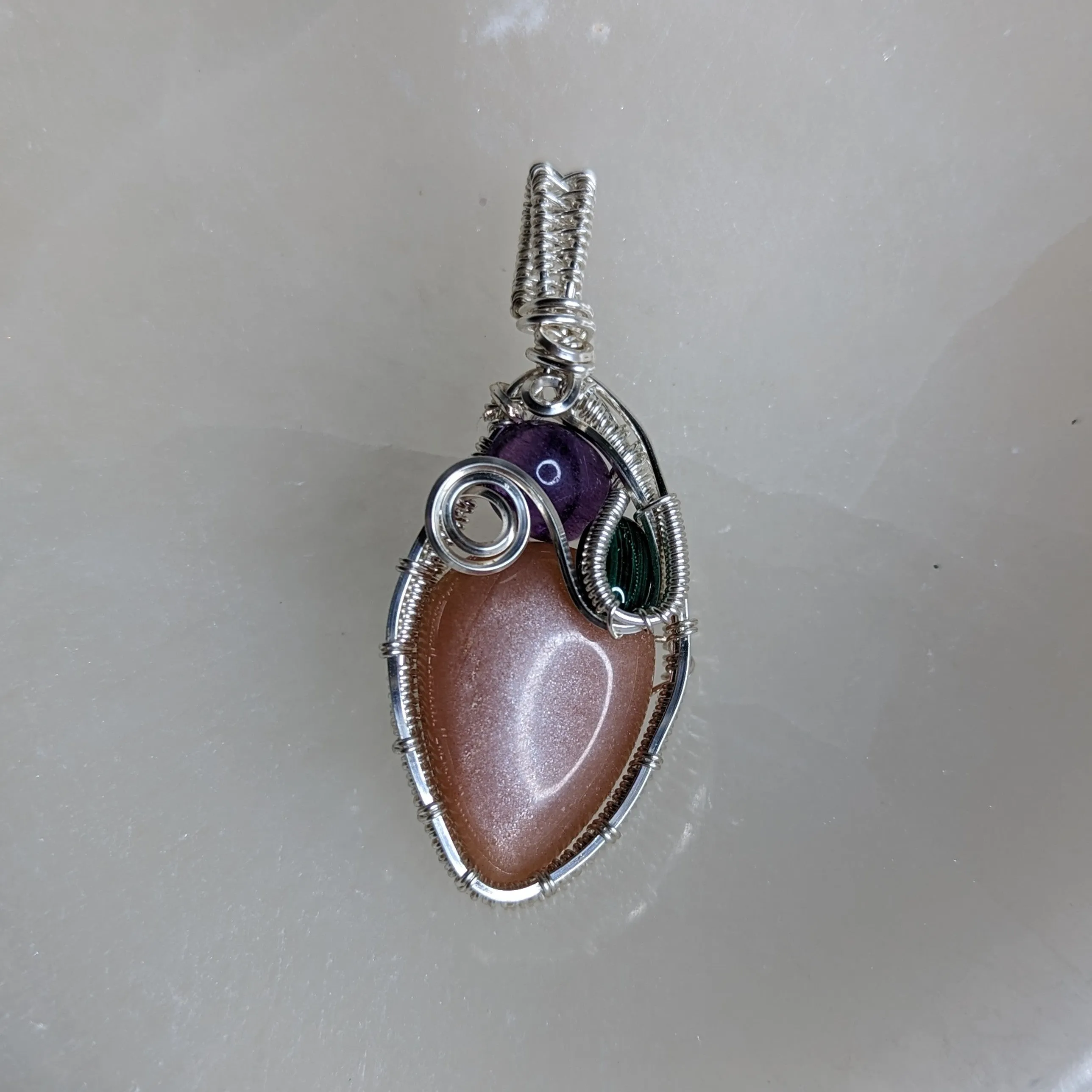 Wire Wrapped Pendant~  Peach Moonstone with Amethyst and Malachite