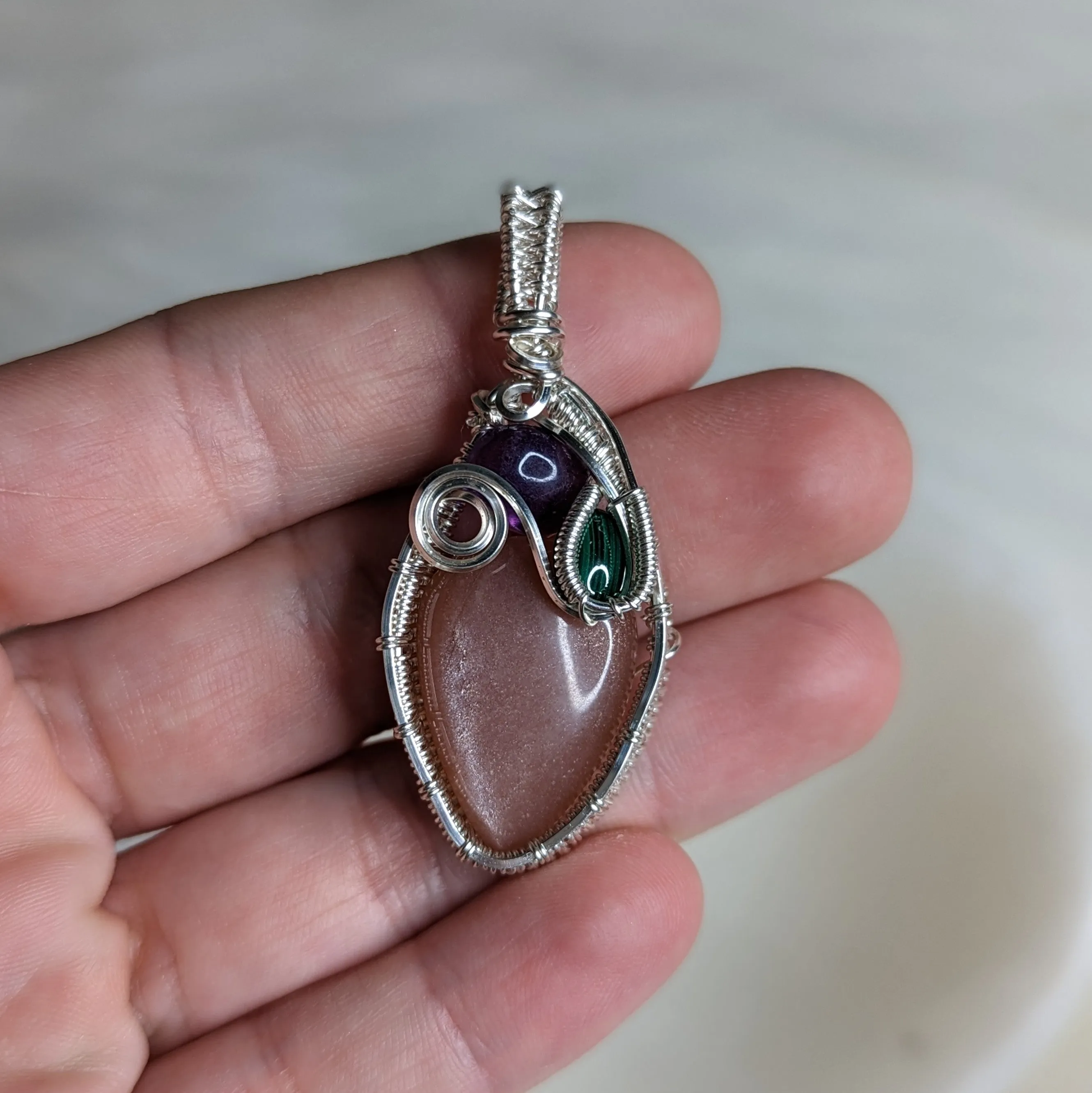 Wire Wrapped Pendant~  Peach Moonstone with Amethyst and Malachite